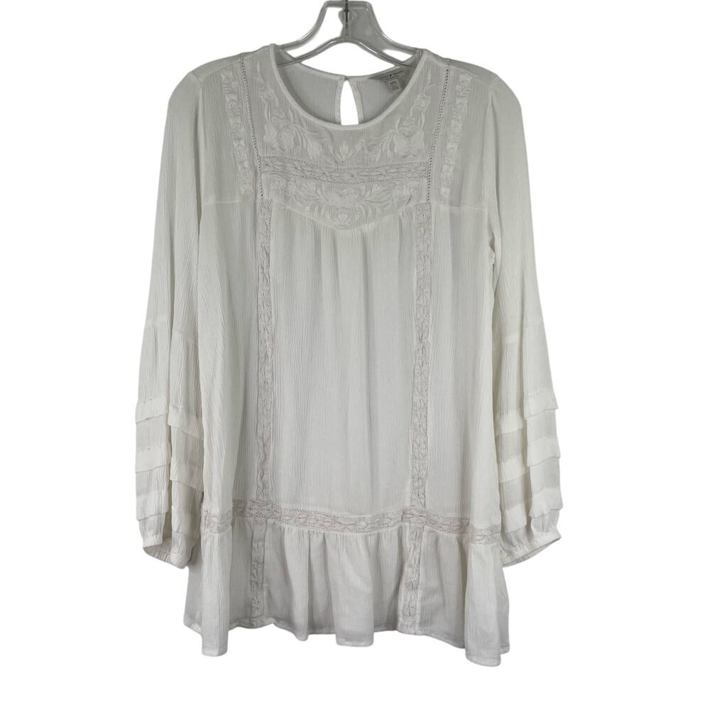 Lucky Brand White Bohemian Embroidered Gauzy Tunic Blouse Size Medium